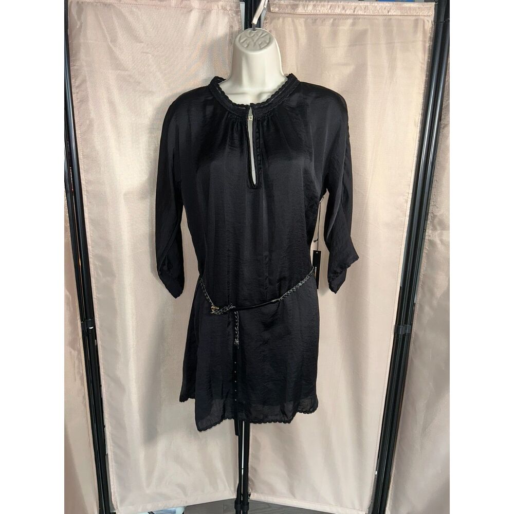 NWT BCBGMAXAZRIA Black Tunic Dress L Belted Keyhole Satin Look $180